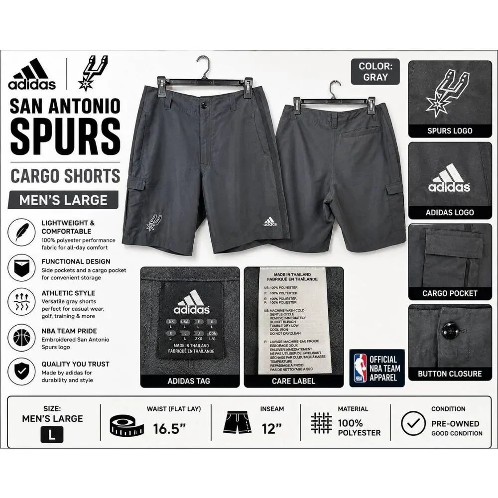Adidas San Antonio Spurs Cargo Shorts Men’s Large Gray Athletic Casual NBA